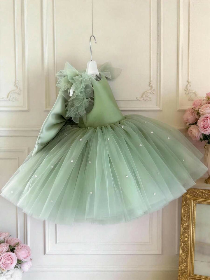 TinyTulle Baby Girls Mint Green Bow Beaded Mesh Cap Sleeve Princess Dress