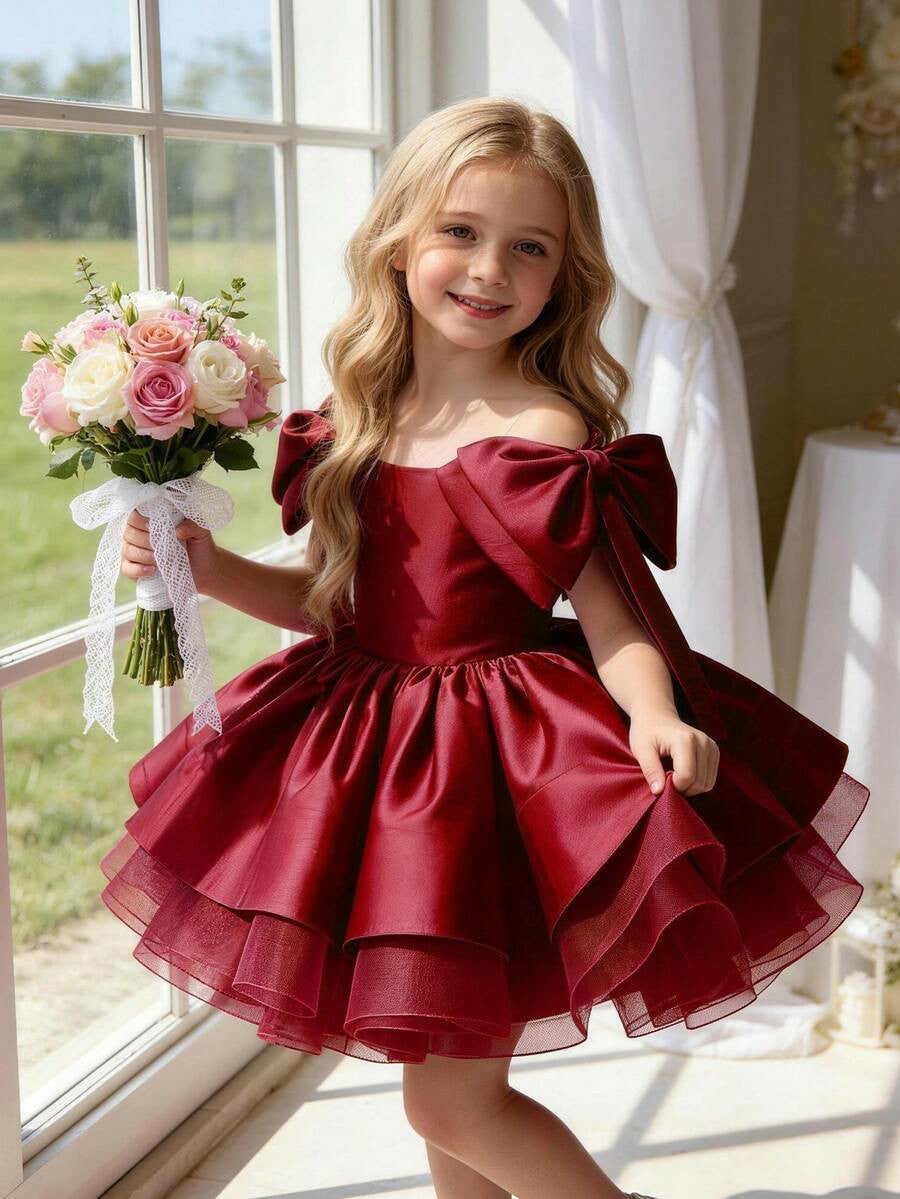 TinyTulle Elegant Gold Satin Bow Tulle Princess Flower Girl Dress Birthday Party Gown