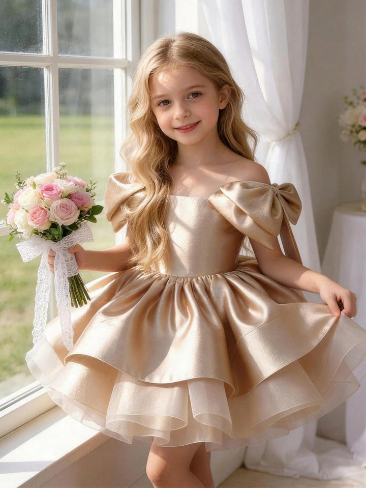 TinyTulle Elegant Gold Satin Bow Tulle Princess Flower Girl Dress Birthday Party Gown