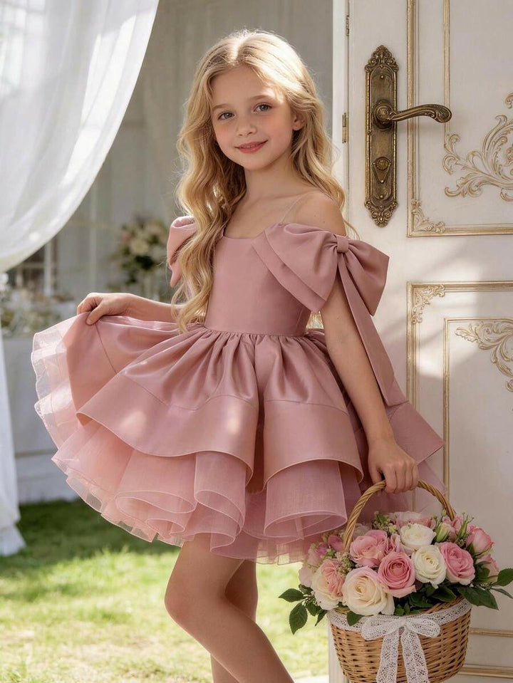 TinyTulle Elegant Gold Satin Bow Tulle Princess Flower Girl Dress Birthday Party Gown