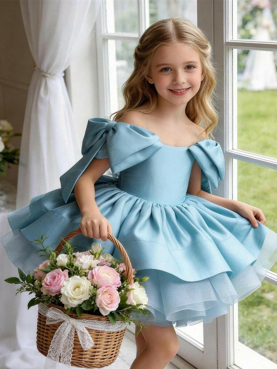 TinyTulle Elegant Gold Satin Bow Tulle Princess Flower Girl Dress Birthday Party Gown