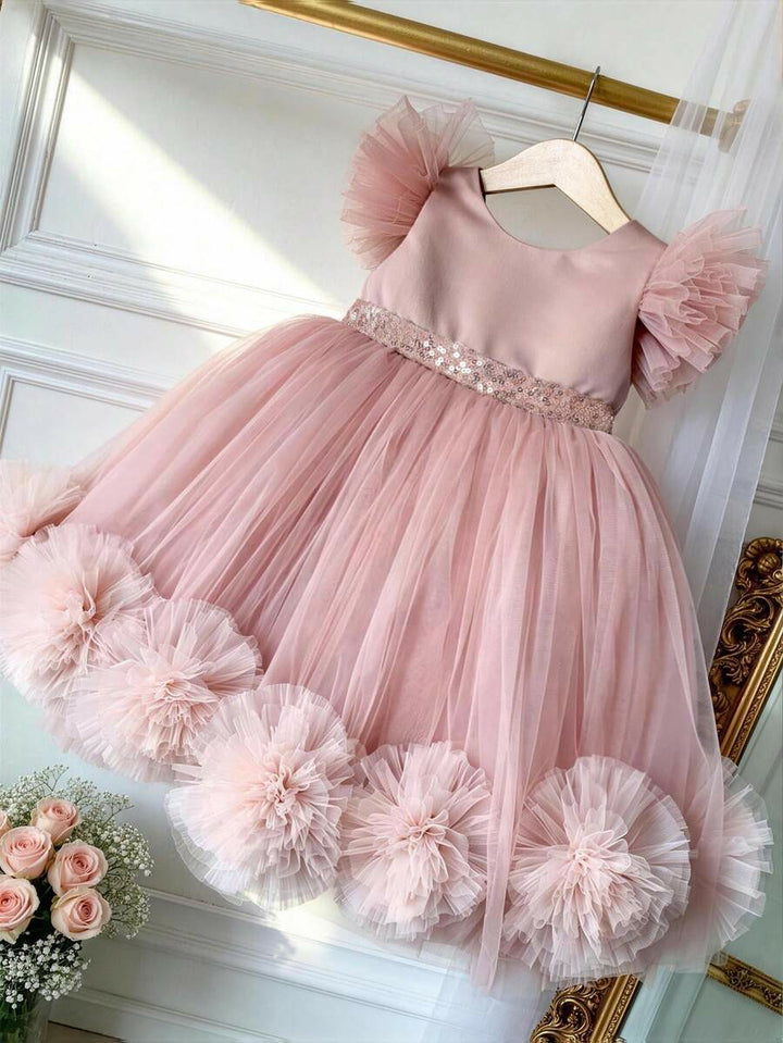 TinyTulle Pink 3D Floral Flutter Sleeve Tulle Princess Dress for Baby Girls