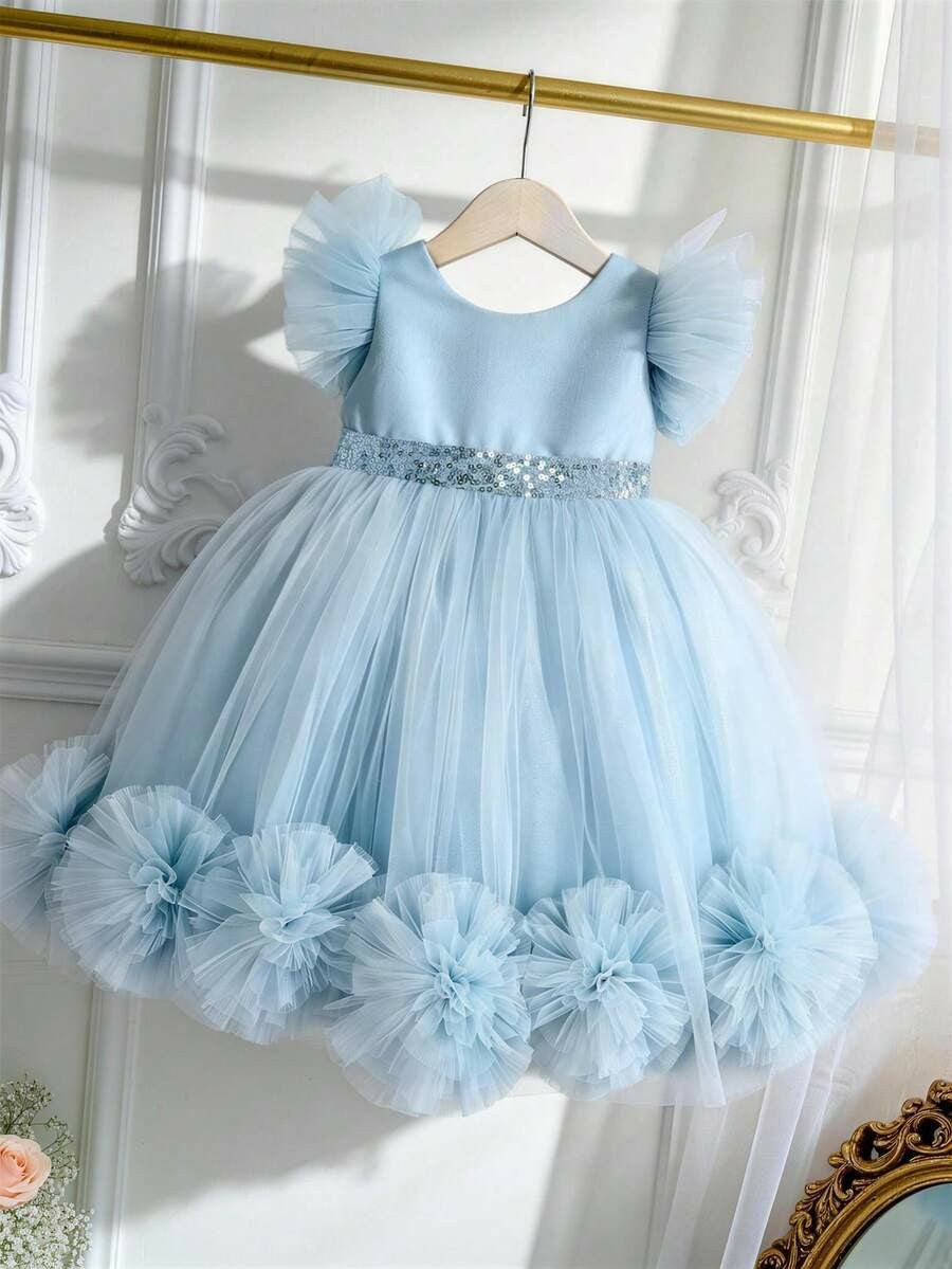 TinyTulle Pink 3D Floral Flutter Sleeve Tulle Princess Dress for Baby Girls