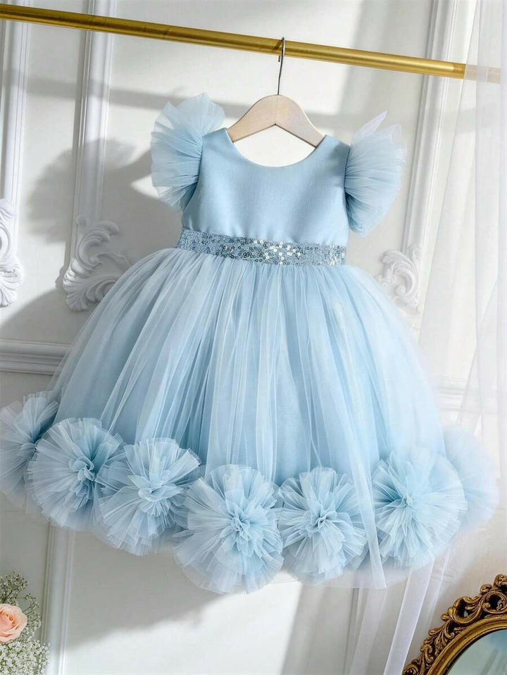 TinyTulle Pink 3D Floral Flutter Sleeve Tulle Princess Dress for Baby Girls
