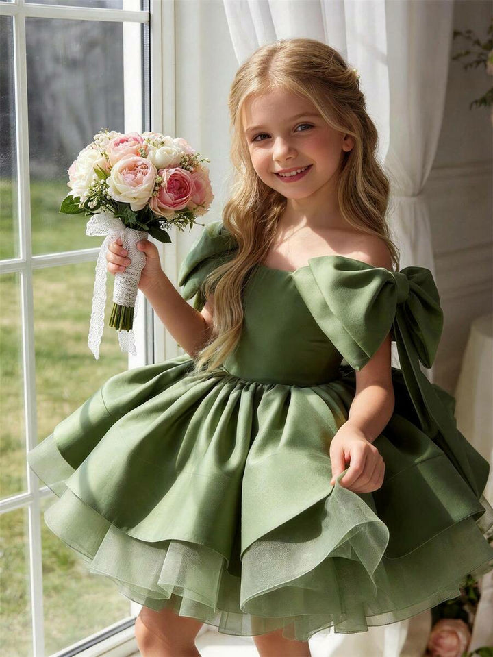 TinyTulle Elegant Gold Satin Bow Tulle Princess Flower Girl Dress Birthday Party Gown