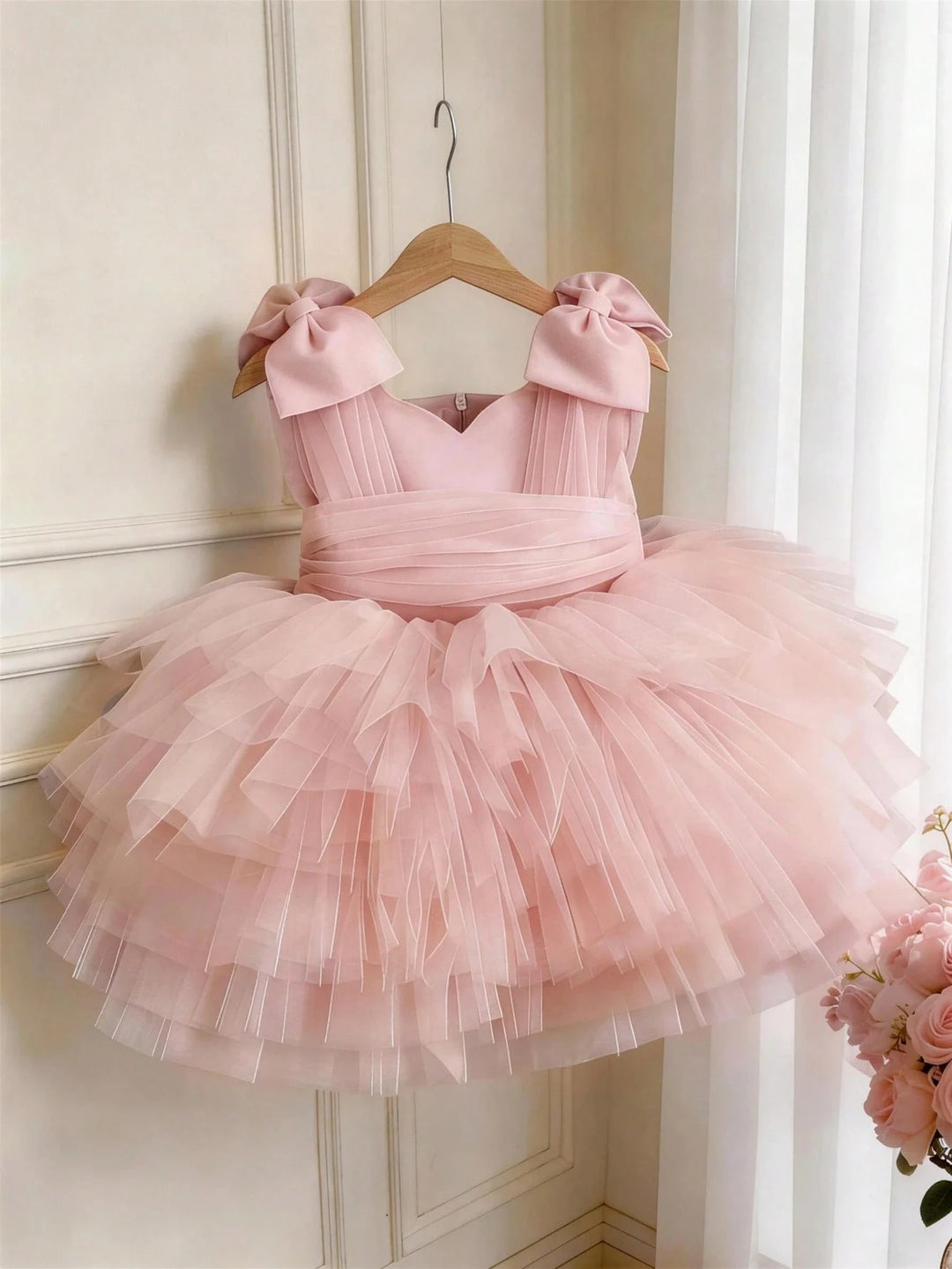 TinyTulle Baby Girls Pink Tulle Princess Dress with 3D Bow Detail &amp; Layered Cake Skirt