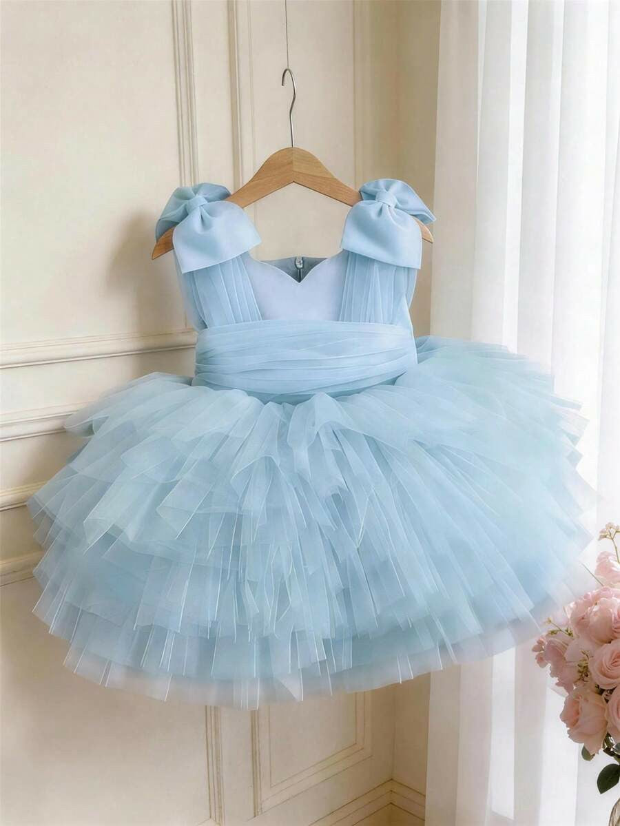 TinyTulle Baby Girls Pink Tulle Princess Dress with 3D Bow Detail &amp; Layered Cake Skirt