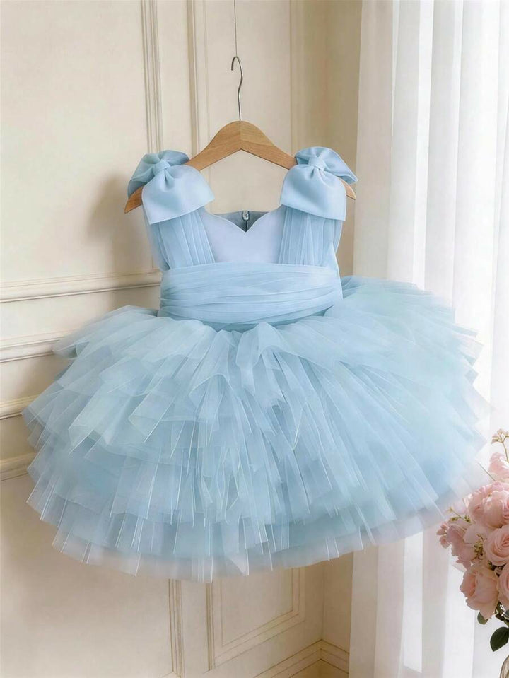 TinyTulle Baby Girls Pink Tulle Princess Dress with 3D Bow Detail &amp; Layered Cake Skirt
