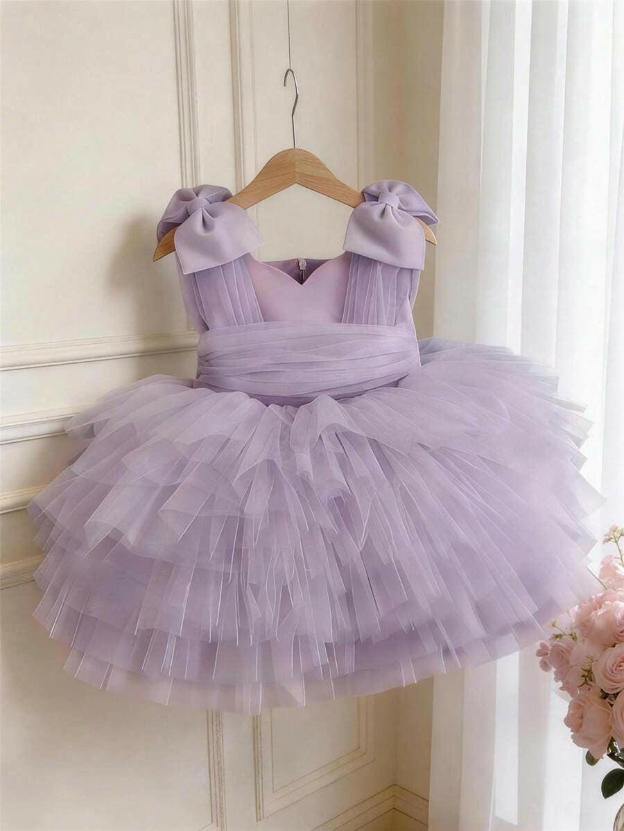 TinyTulle Baby Girls Pink Tulle Princess Dress with 3D Bow Detail &amp; Layered Cake Skirt