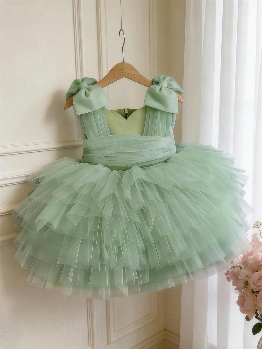 TinyTulle Baby Girls Pink Tulle Princess Dress with 3D Bow Detail &amp; Layered Cake Skirt