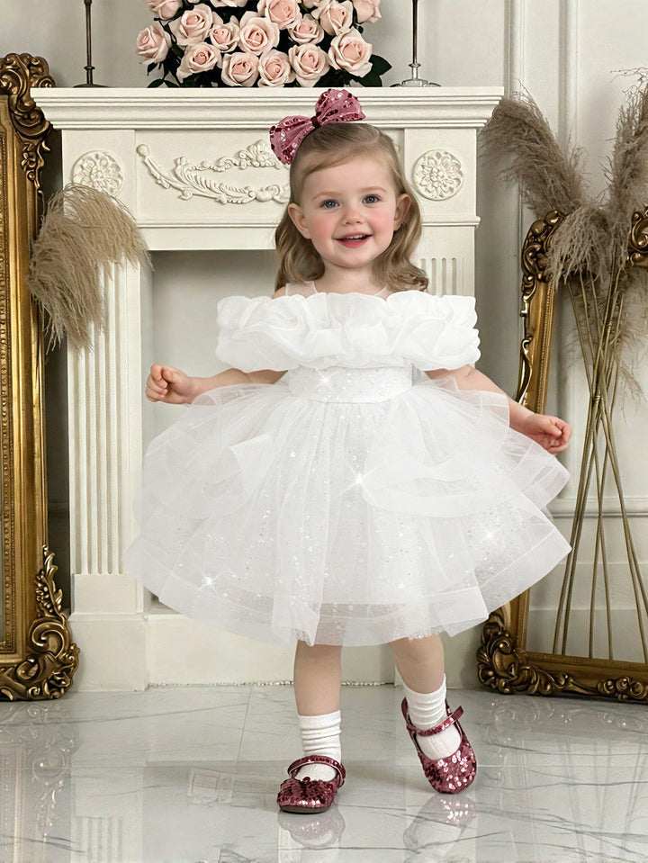 TinyTulle Baby Girls Off-Shoulder Sequin Tulle Tutu Princess Flower Girl Dress