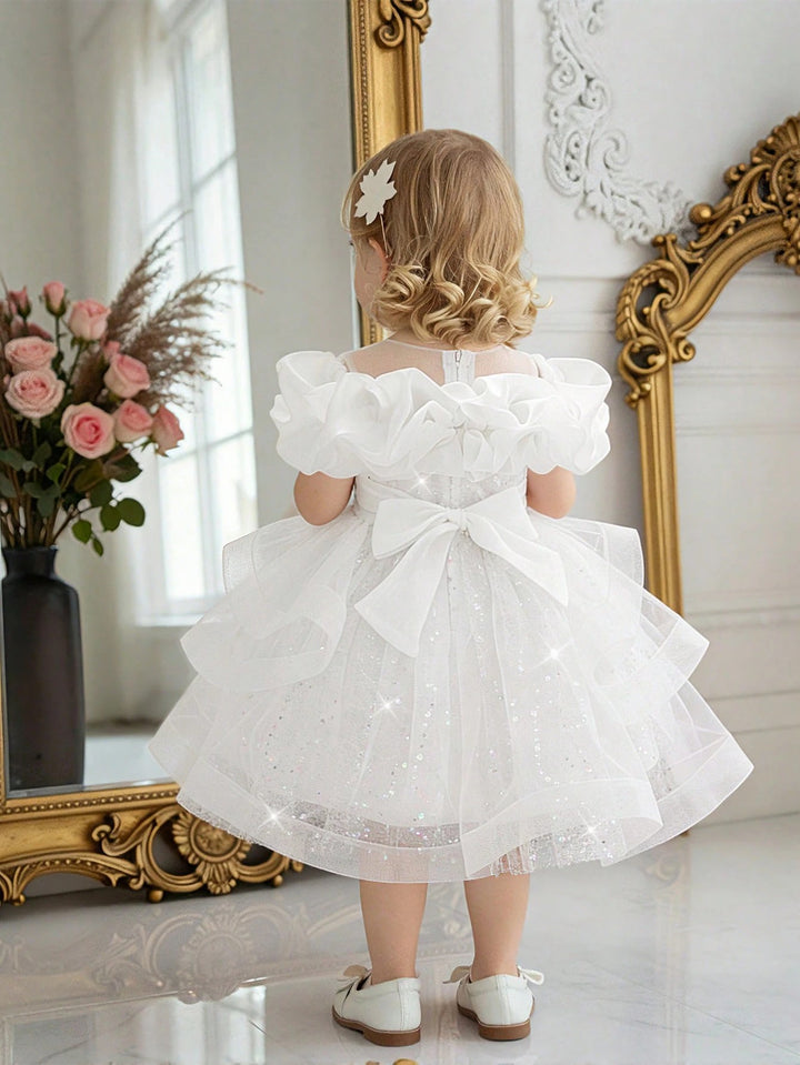 TinyTulle Baby Girls Off-Shoulder Sequin Tulle Tutu Princess Flower Girl Dress