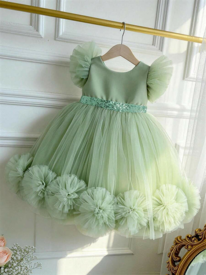 TinyTulle Pink 3D Floral Flutter Sleeve Tulle Princess Dress for Baby Girls