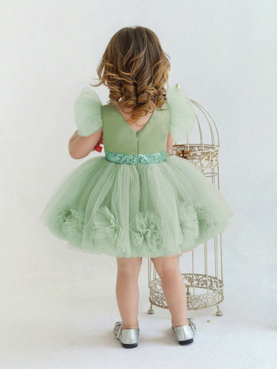 TinyTulle Pink 3D Floral Flutter Sleeve Tulle Princess Dress for Baby Girls