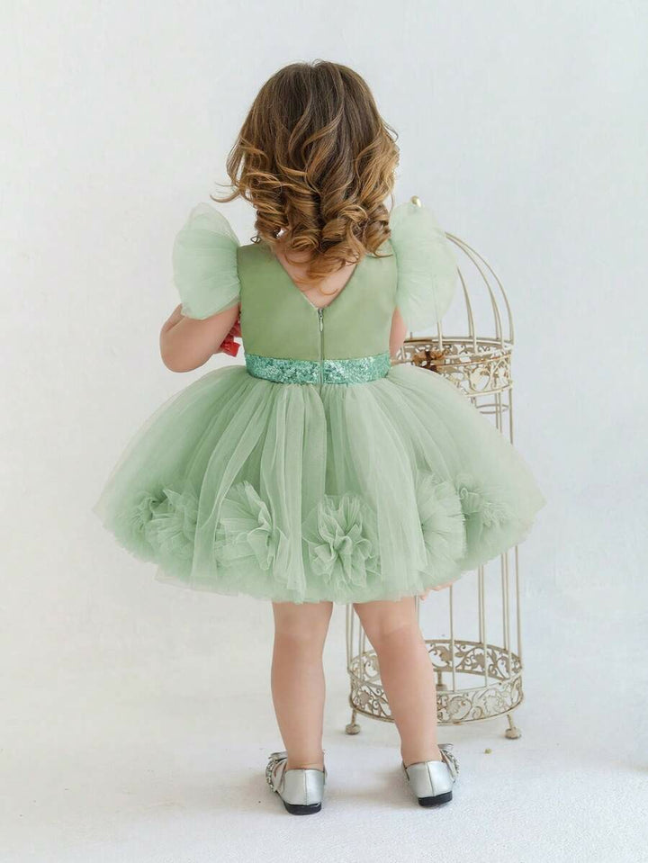 TinyTulle Pink 3D Floral Flutter Sleeve Tulle Princess Dress for Baby Girls
