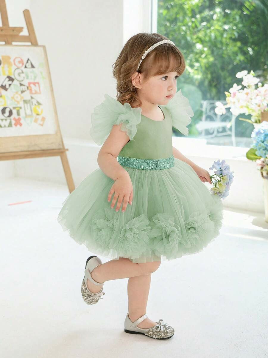 TinyTulle Pink 3D Floral Flutter Sleeve Tulle Princess Dress for Baby Girls