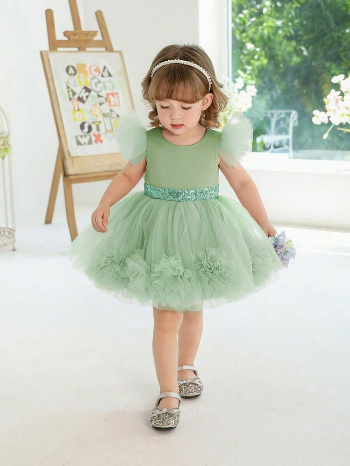 TinyTulle Pink 3D Floral Flutter Sleeve Tulle Princess Dress for Baby Girls