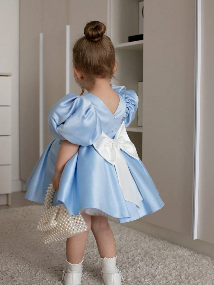 TinyTulle Baby Girls Light Blue Puffy Satin Princess Dress with White Back Bow