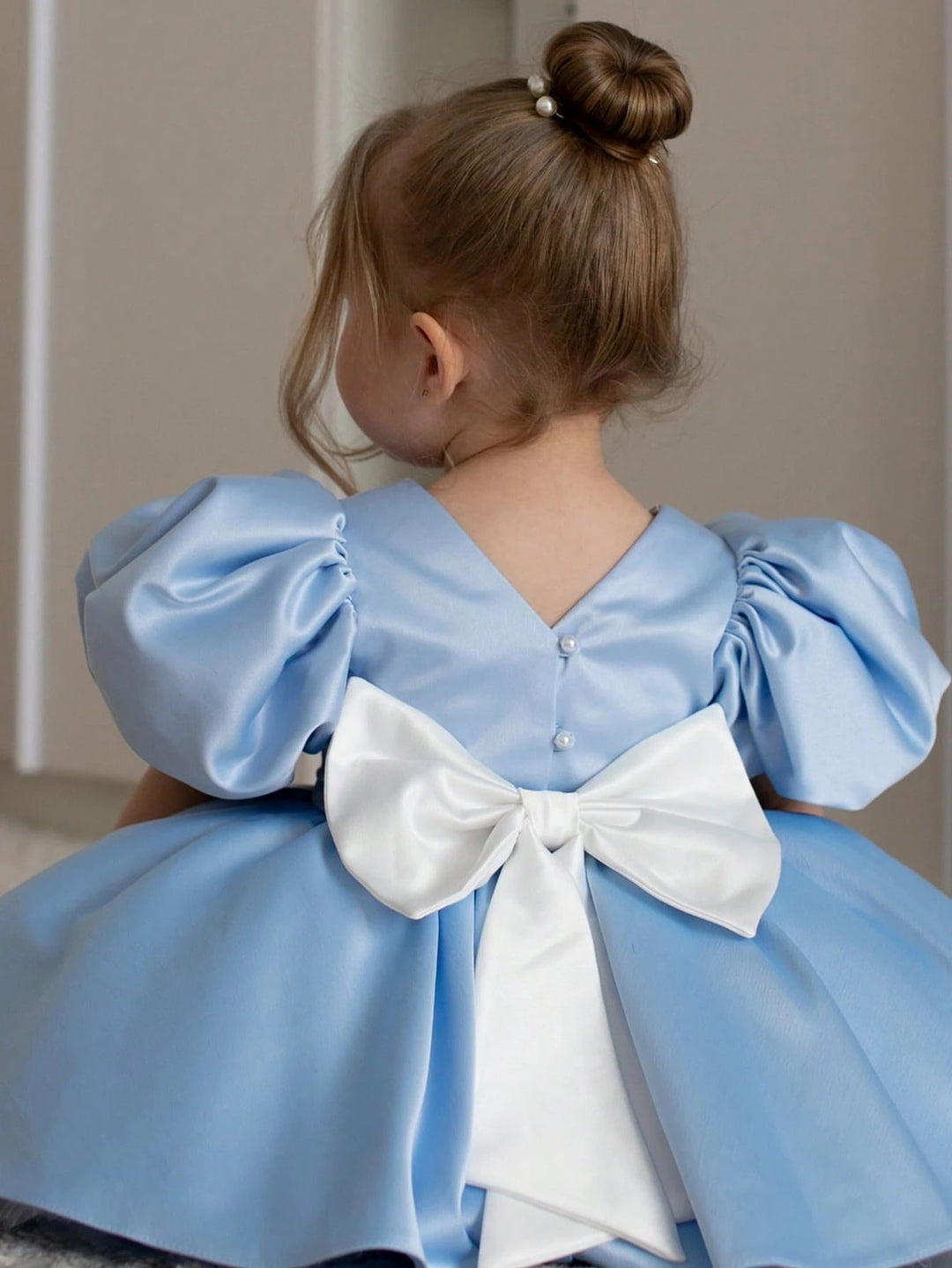 TinyTulle Baby Girls Light Blue Puffy Satin Princess Dress with White Back Bow