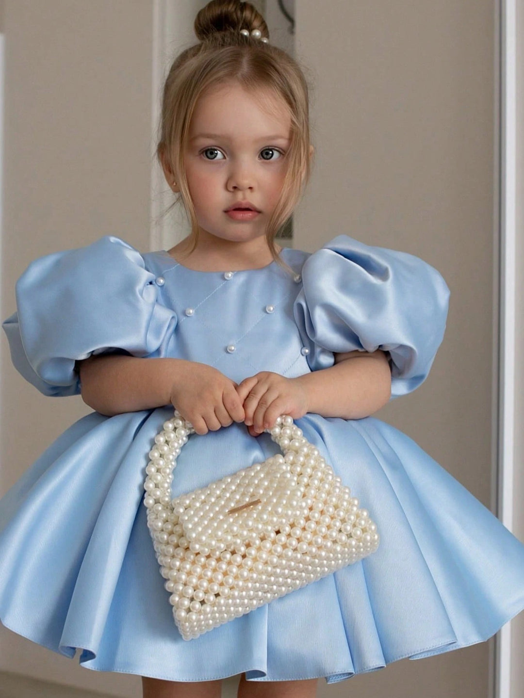 TinyTulle Baby Girls Light Blue Puffy Satin Princess Dress with White Back Bow
