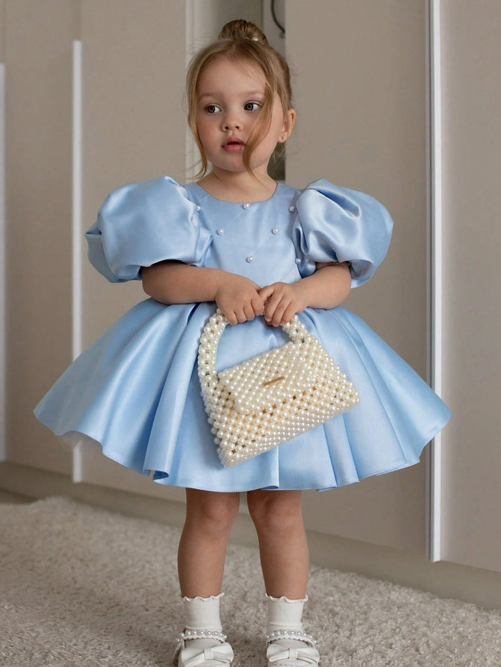 TinyTulle Baby Girls Light Blue Puffy Satin Princess Dress with White Back Bow
