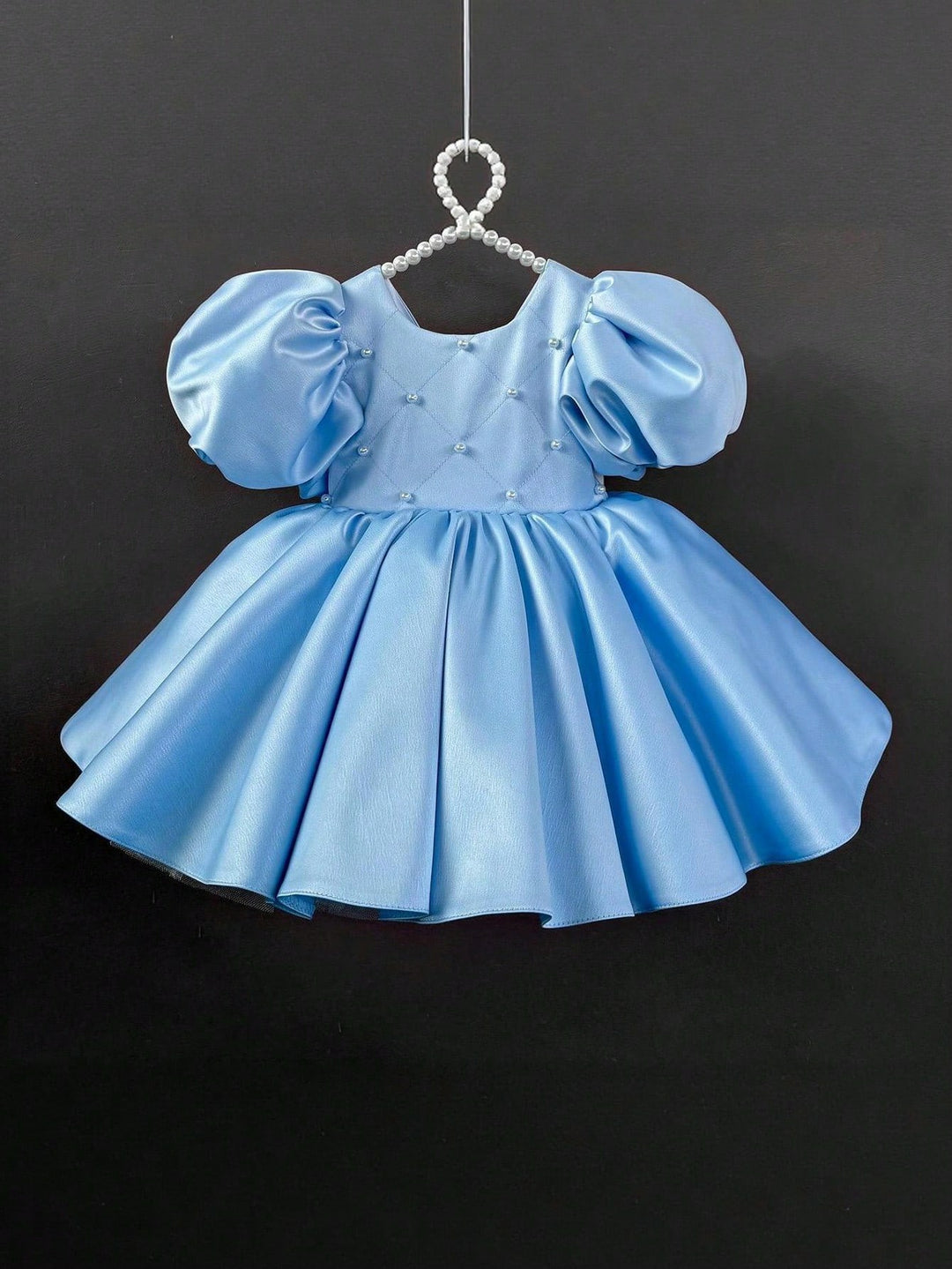 TinyTulle Baby Girls Light Blue Puffy Satin Princess Dress with White Back Bow