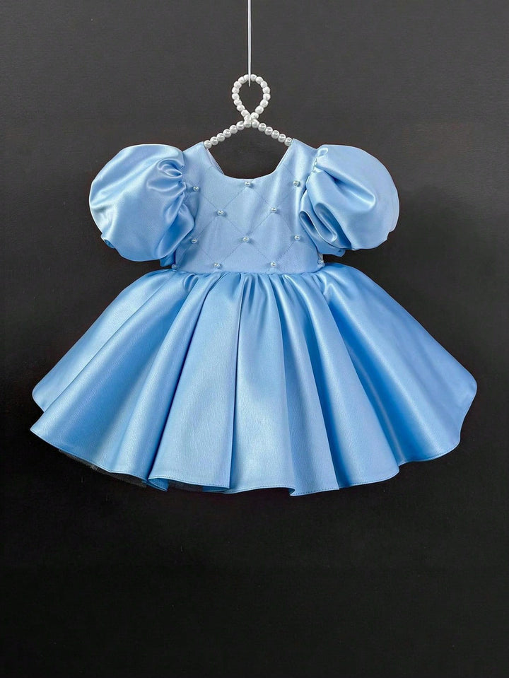 TinyTulle Baby Girls Light Blue Puffy Satin Princess Dress with White Back Bow