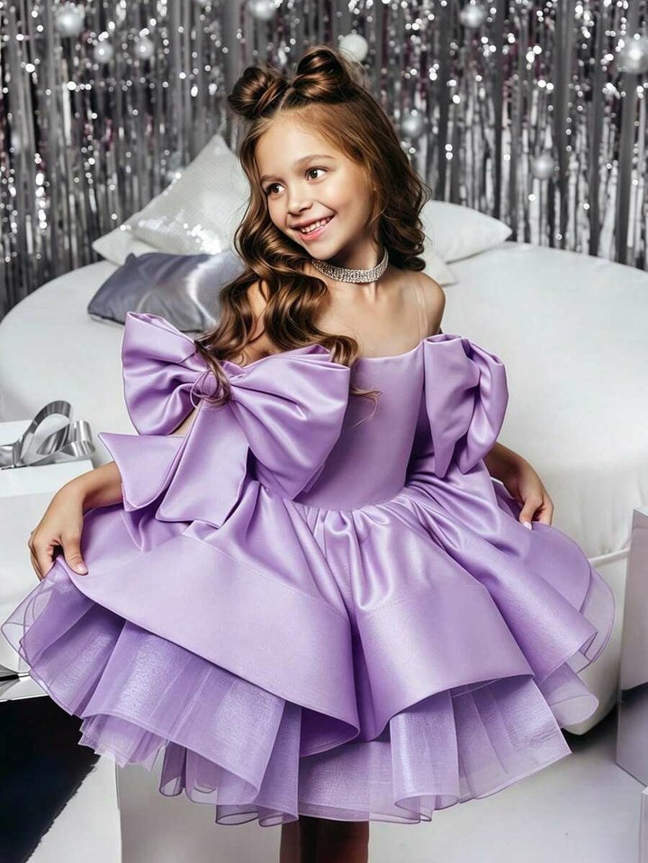 TinyTulle Elegant Gold Satin Bow Tulle Princess Flower Girl Dress Birthday Party Gown