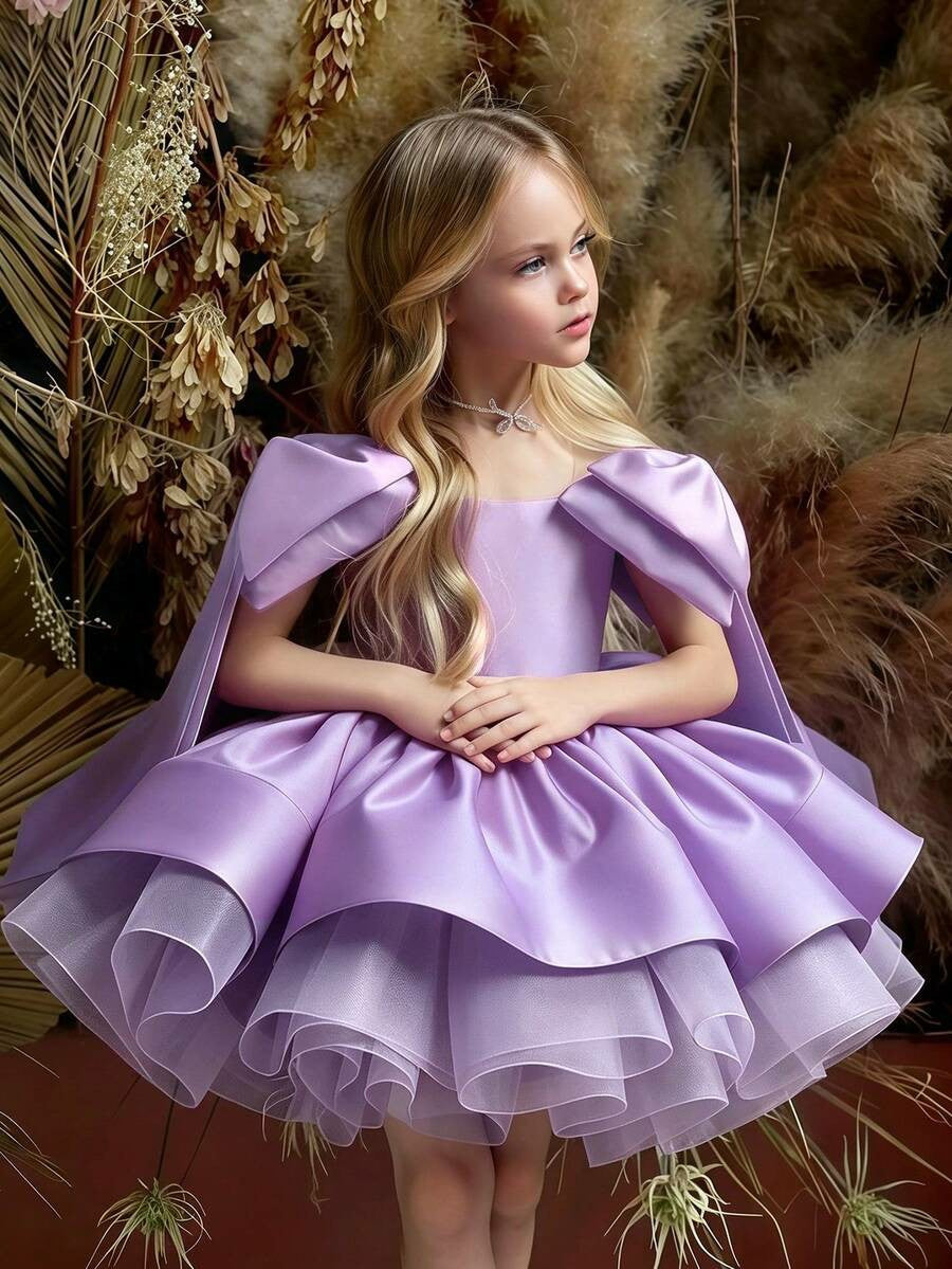 TinyTulle Elegant Gold Satin Bow Tulle Princess Flower Girl Dress Birthday Party Gown