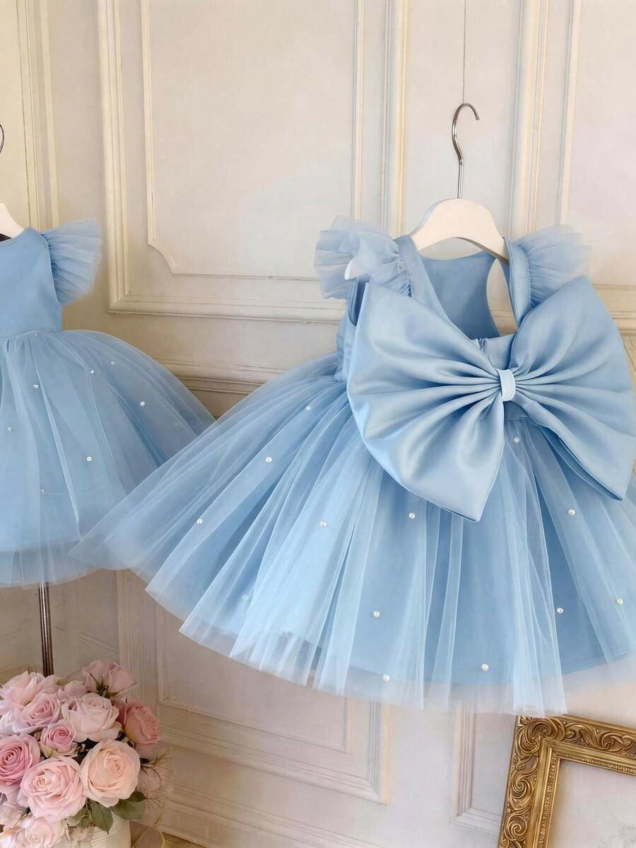 TinyTulle Baby Girls Mint Green Bow Beaded Mesh Cap Sleeve Princess Dress
