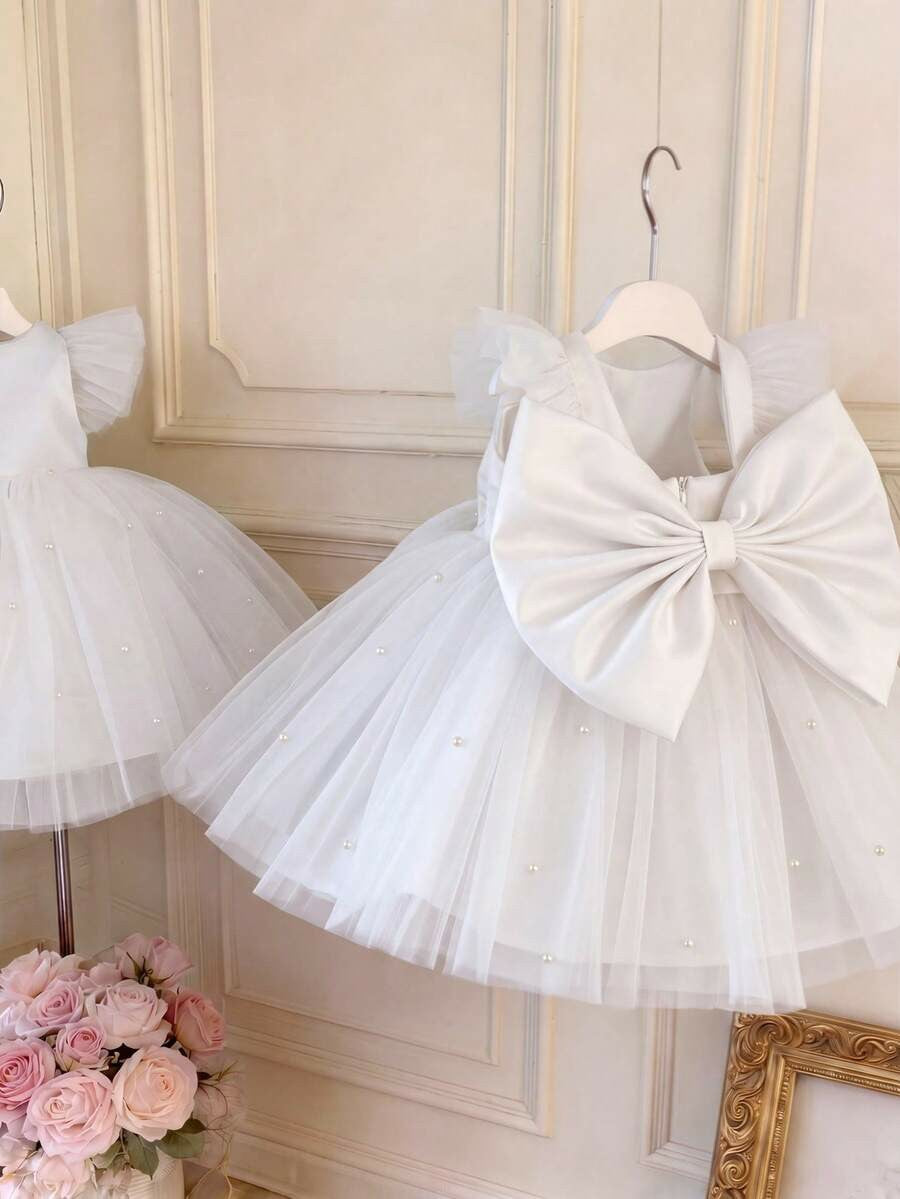 TinyTulle Baby Girls Mint Green Bow Beaded Mesh Cap Sleeve Princess Dress