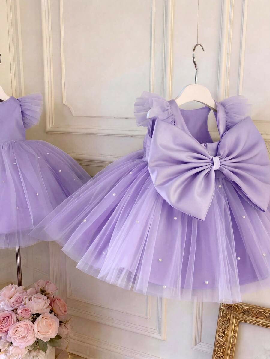 TinyTulle Baby Girls Mint Green Bow Beaded Mesh Cap Sleeve Princess Dress