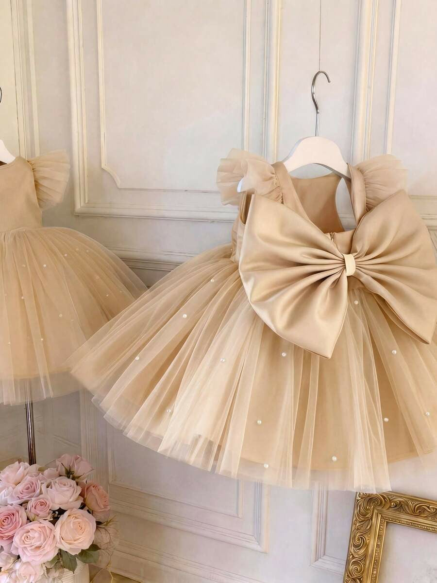 TinyTulle Baby Girls Mint Green Bow Beaded Mesh Cap Sleeve Princess Dress