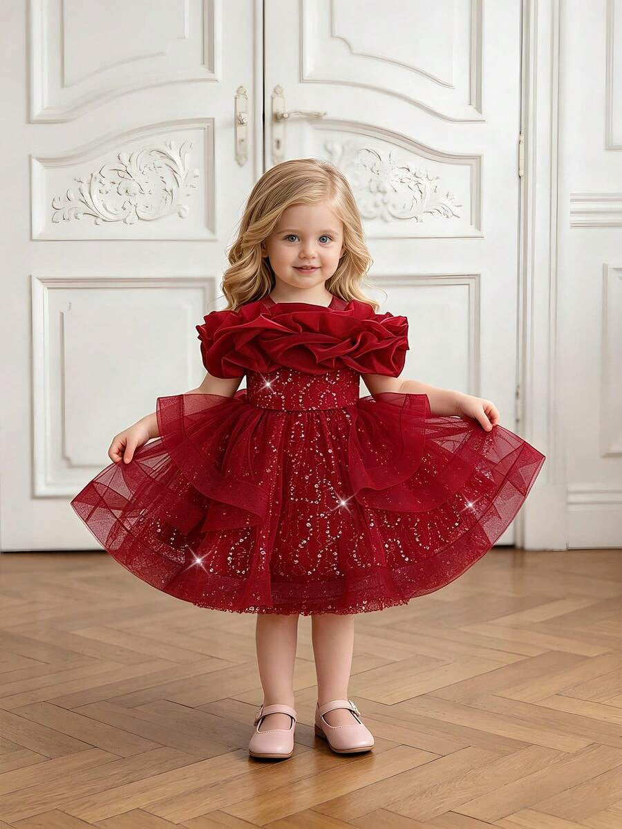 TinyTulle Baby Girls Off-Shoulder Sequin Tulle Tutu Princess Flower Girl Dress