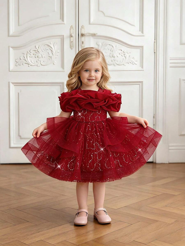 TinyTulle Baby Girls Off-Shoulder Sequin Tulle Tutu Princess Flower Girl Dress