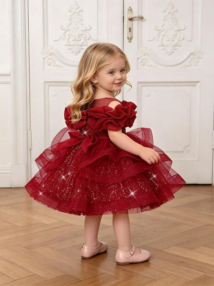 TinyTulle Baby Girls Off-Shoulder Sequin Tulle Tutu Princess Flower Girl Dress
