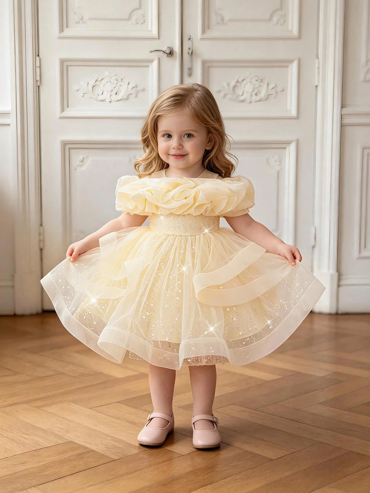 TinyTulle Baby Girls Off-Shoulder Sequin Tulle Tutu Princess Flower Girl Dress