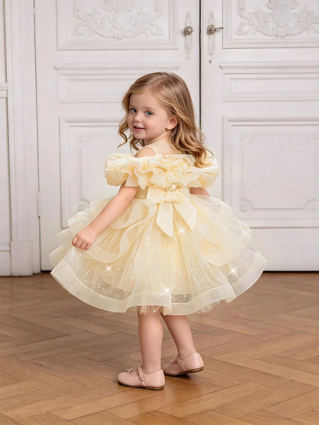 TinyTulle Baby Girls Off-Shoulder Sequin Tulle Tutu Princess Flower Girl Dress