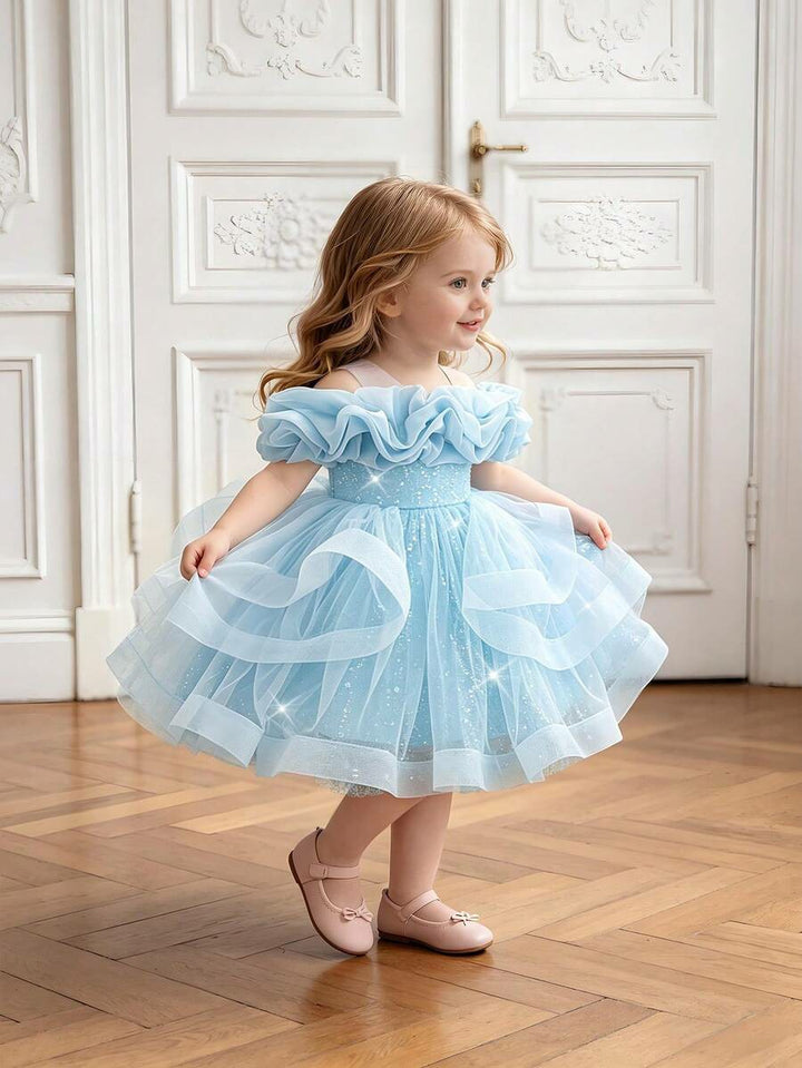 TinyTulle Baby Girls Off-Shoulder Sequin Tulle Tutu Princess Flower Girl Dress