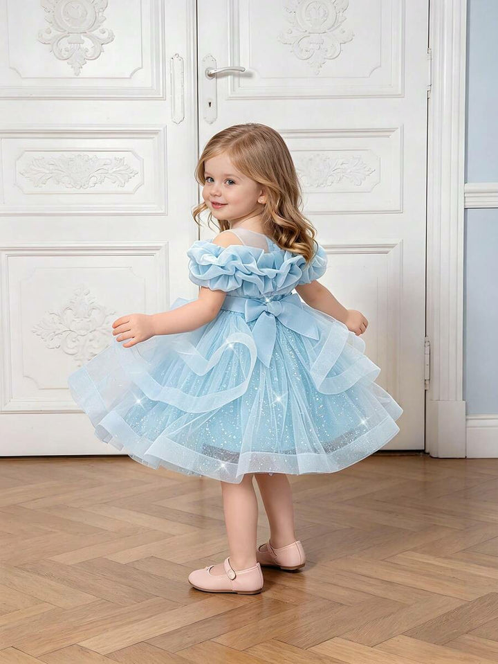 TinyTulle Baby Girls Off-Shoulder Sequin Tulle Tutu Princess Flower Girl Dress
