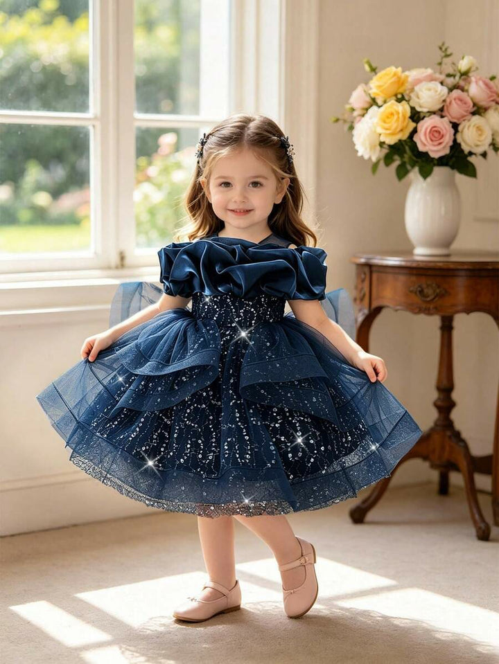 TinyTulle Baby Girls Off-Shoulder Sequin Tulle Tutu Princess Flower Girl Dress