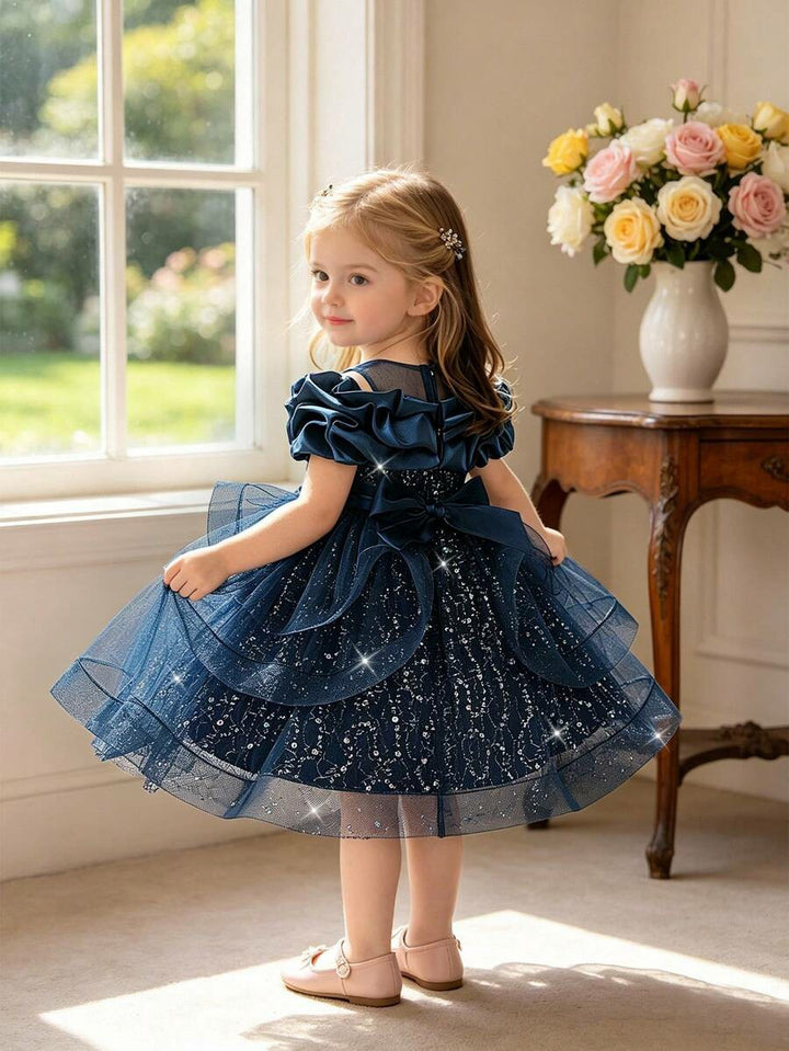 TinyTulle Baby Girls Off-Shoulder Sequin Tulle Tutu Princess Flower Girl Dress
