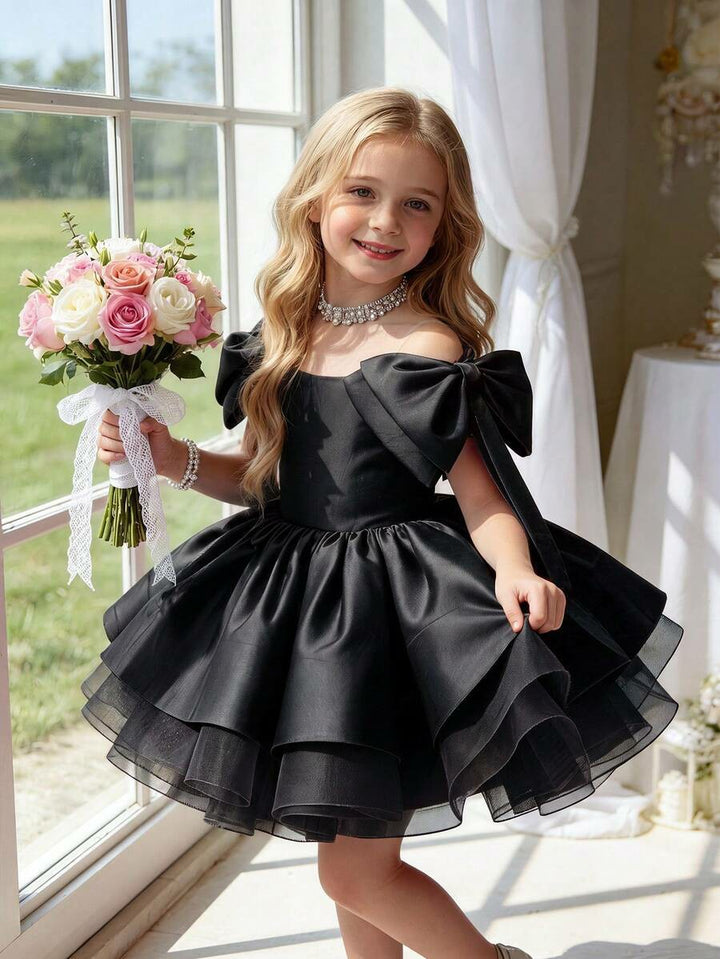 TinyTulle Elegant Gold Satin Bow Tulle Princess Flower Girl Dress Birthday Party Gown