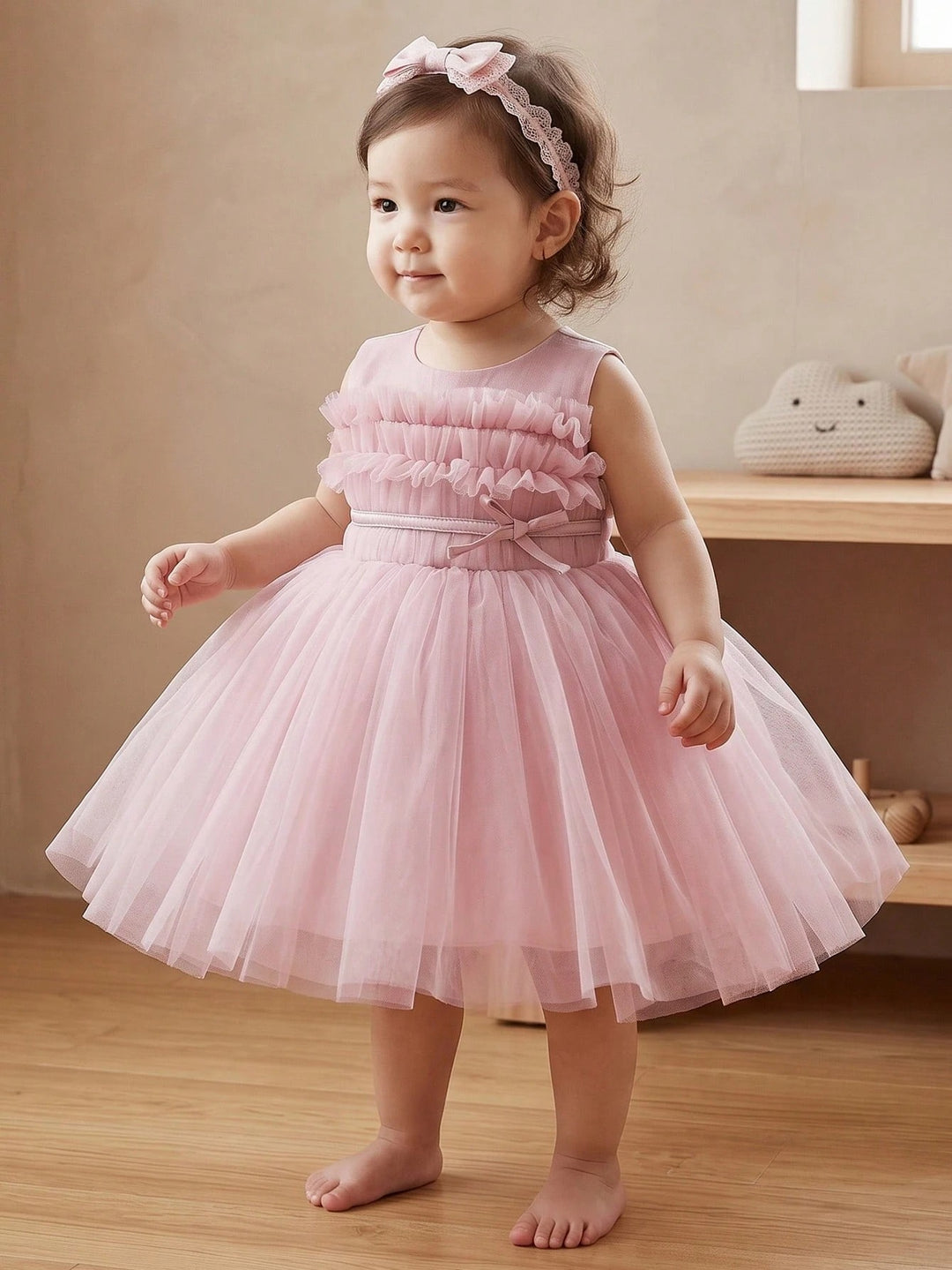 TinyTulle Baby Girl Dusty Pink Tulle Princess Dress with Layered Ruffles