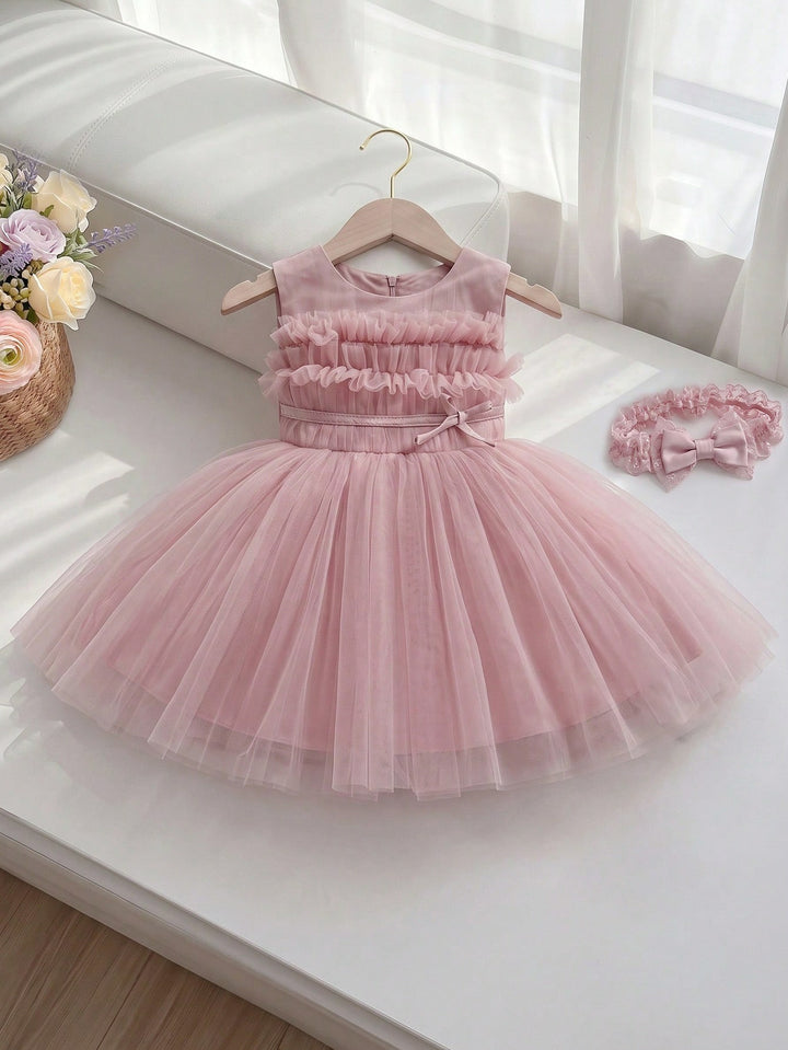 TinyTulle Baby Girl Dusty Pink Tulle Princess Dress with Layered Ruffles