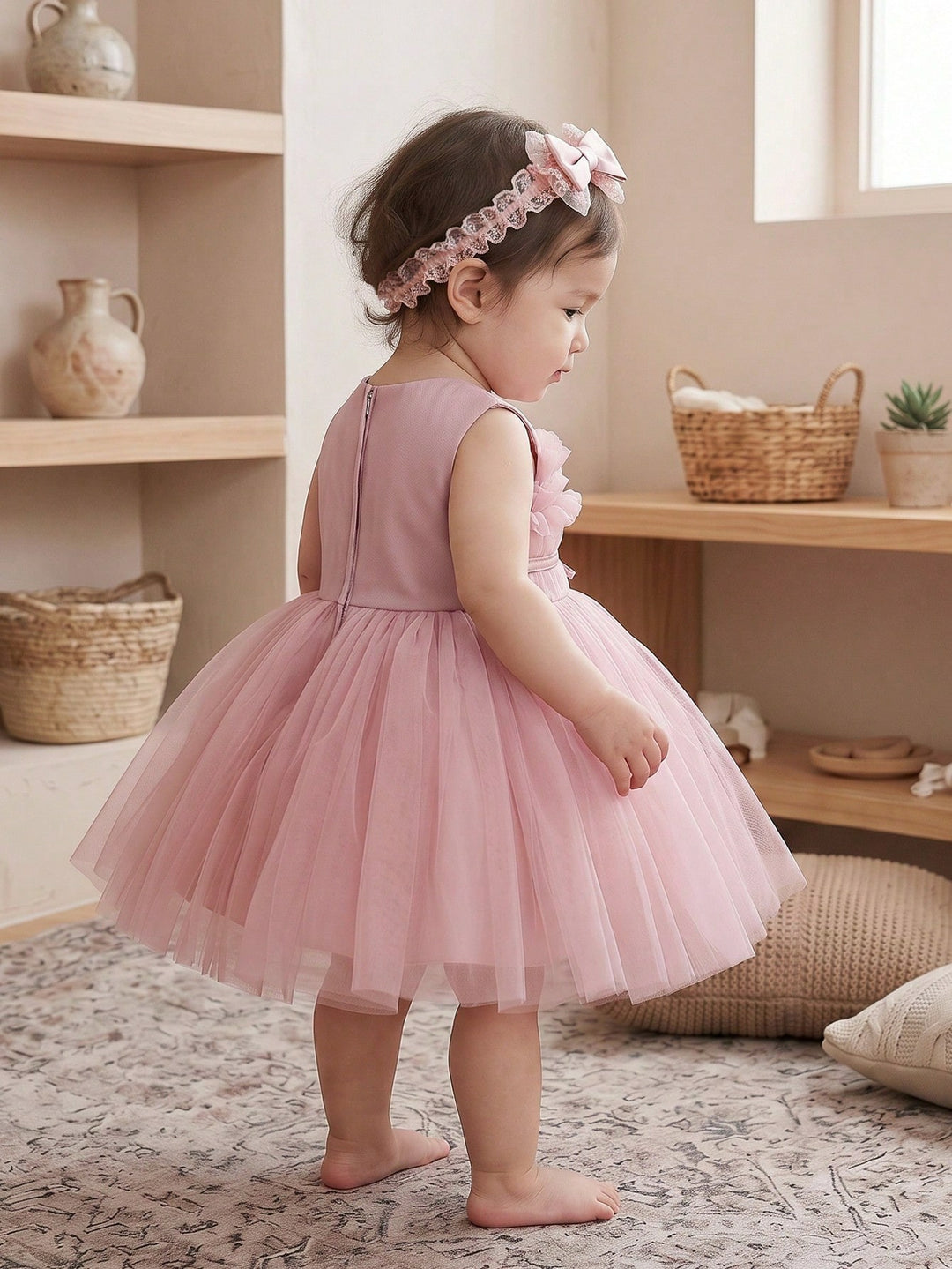 TinyTulle Baby Girl Dusty Pink Tulle Princess Dress with Layered Ruffles