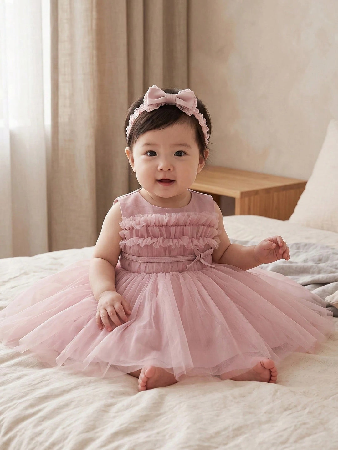 TinyTulle Baby Girl Dusty Pink Tulle Princess Dress with Layered Ruffles