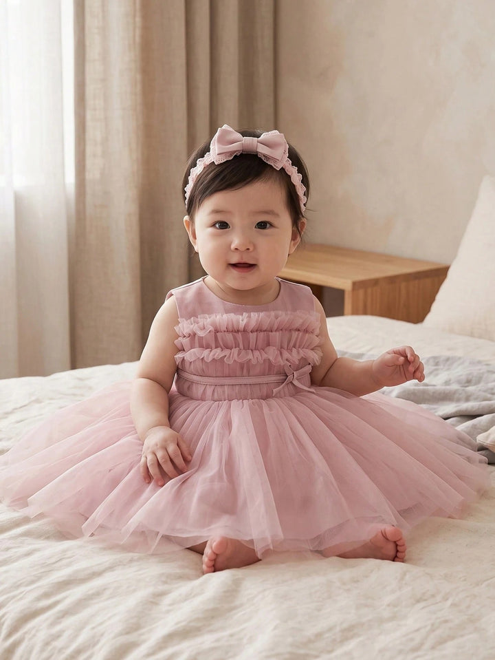 TinyTulle Baby Girl Dusty Pink Tulle Princess Dress with Layered Ruffles