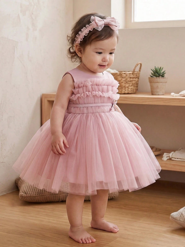 TinyTulle Baby Girl Dusty Pink Tulle Princess Dress with Layered Ruffles
