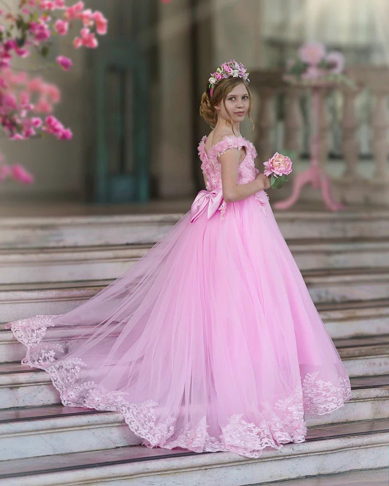 TinyTulle Romantic Pink Sweetheart Tulle Princess Dress with Floral Lace Appliqués